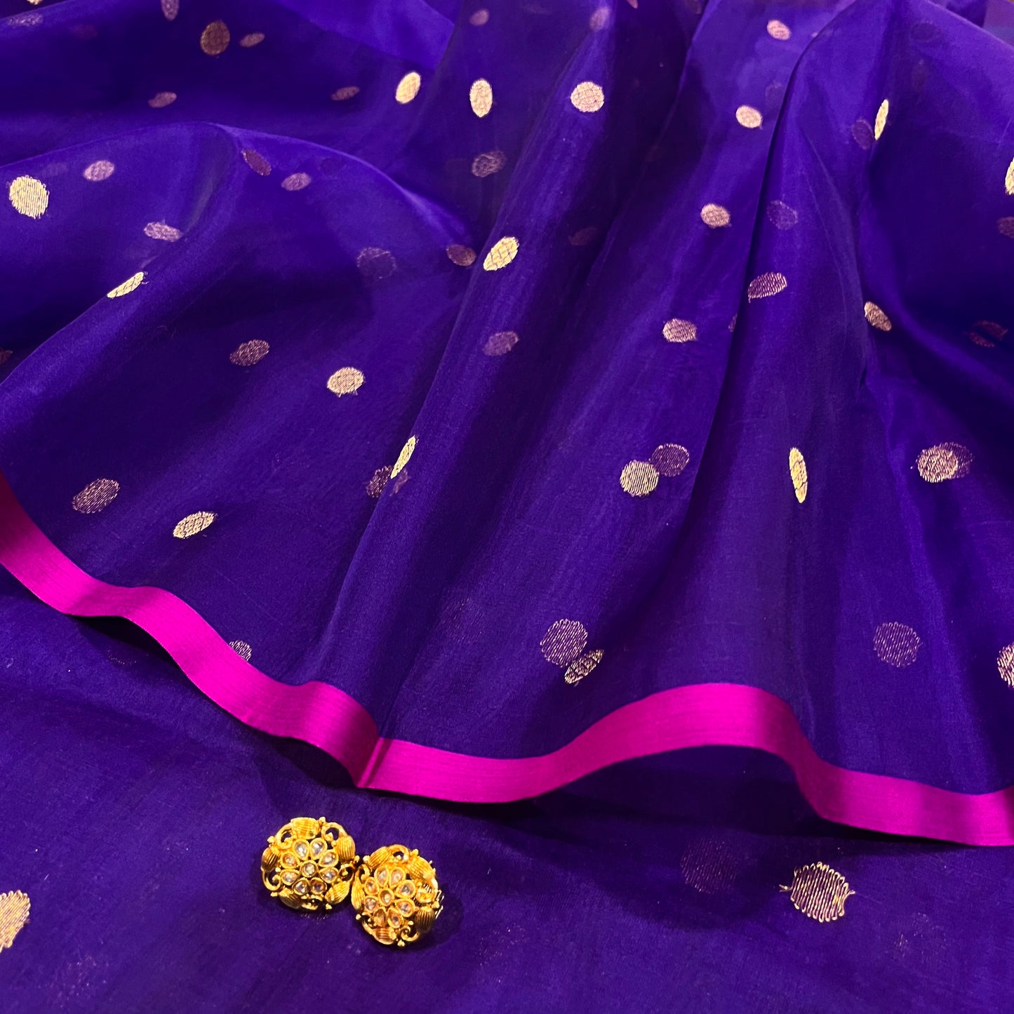 Dark Purple & Pink Chanderi silk saree with zari bootis all over