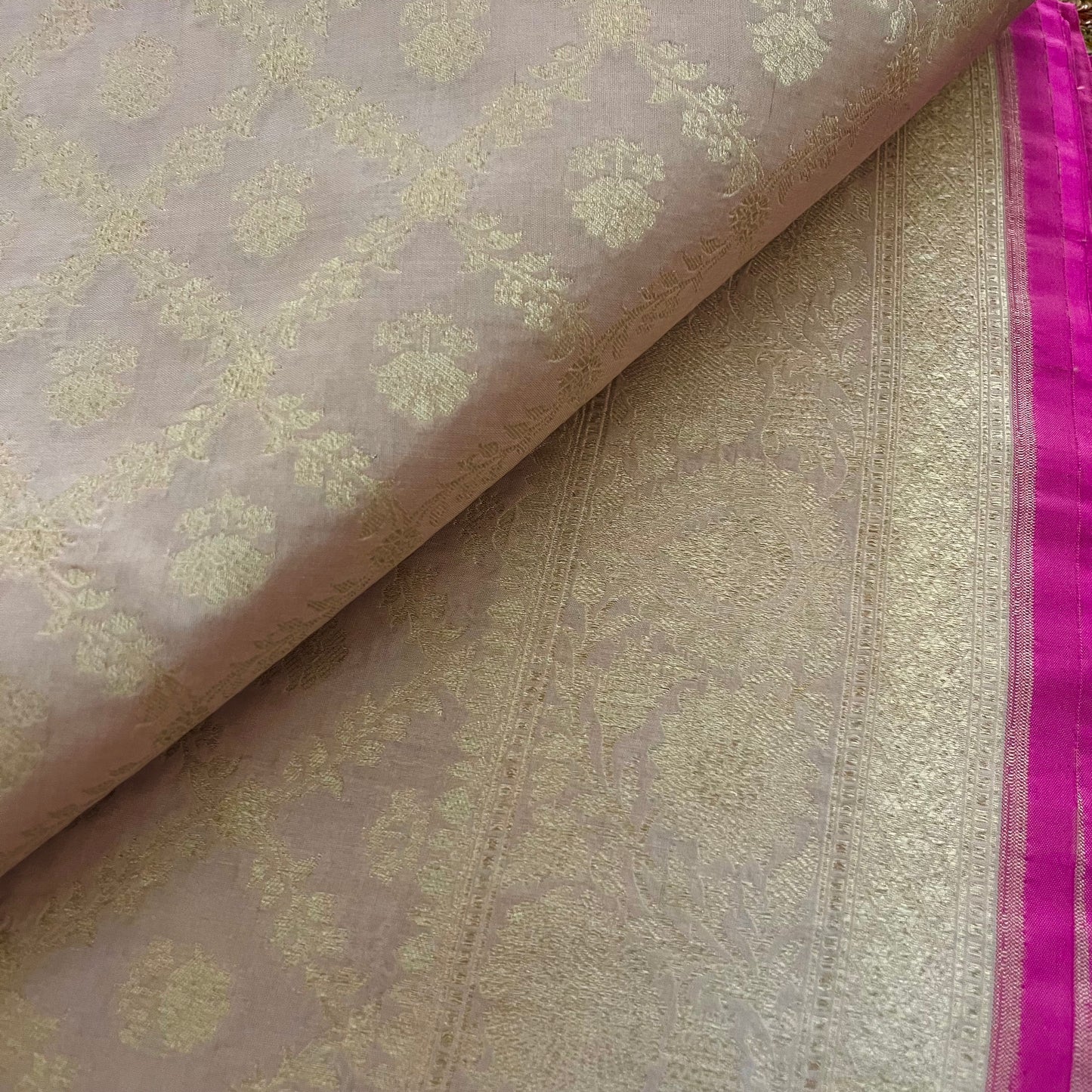 Sand and pink Banarasi katan silk saree with zari jaal work all over
