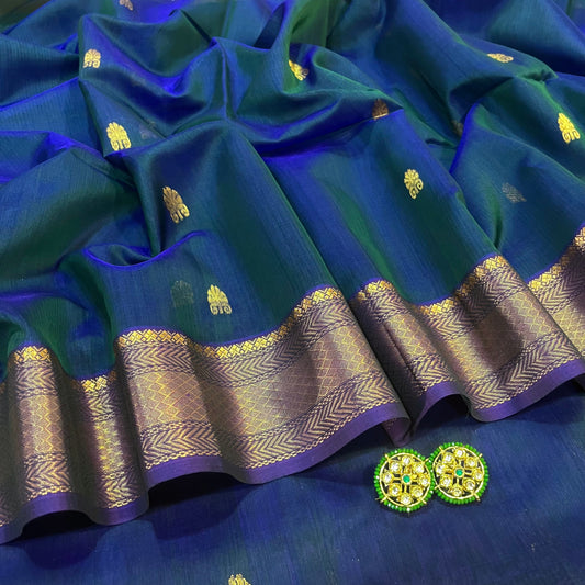 Peacock and purple dual tone Maheshwari saree with zari motifs all over