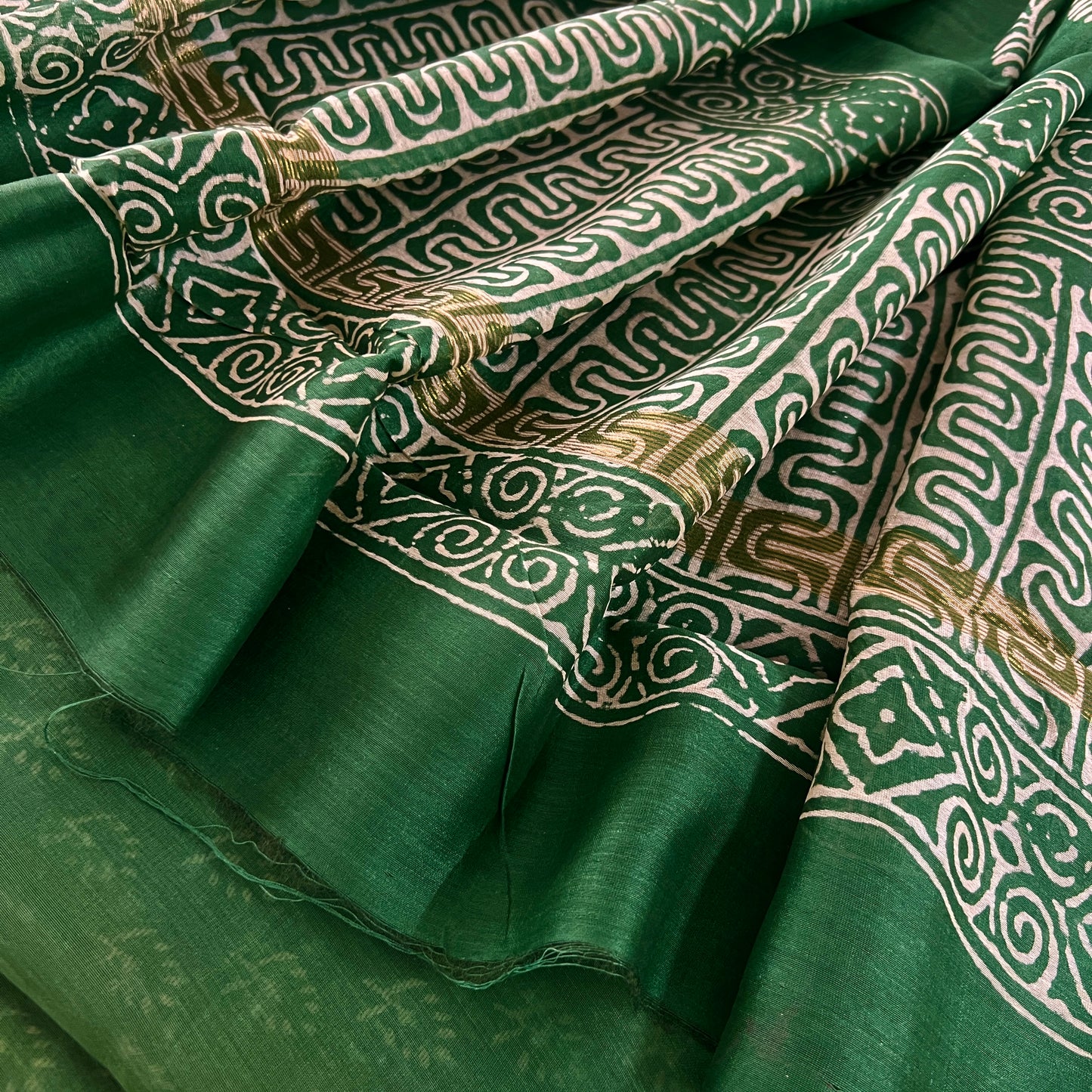 Green and white block print Chanderi saree