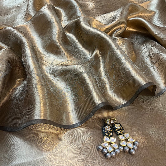 Antique gold Banarasi brocade silk saree with zari pattern all over