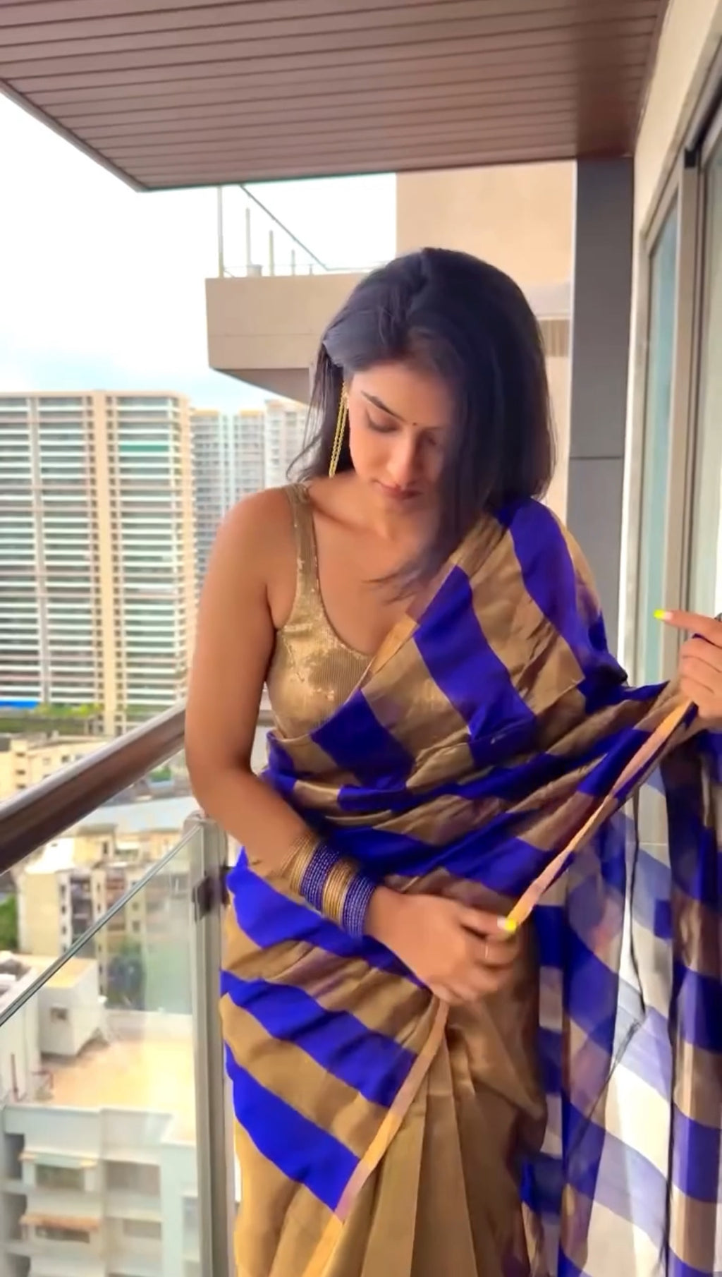 Dark purplish blue Chanderi silk saree with zari stripes