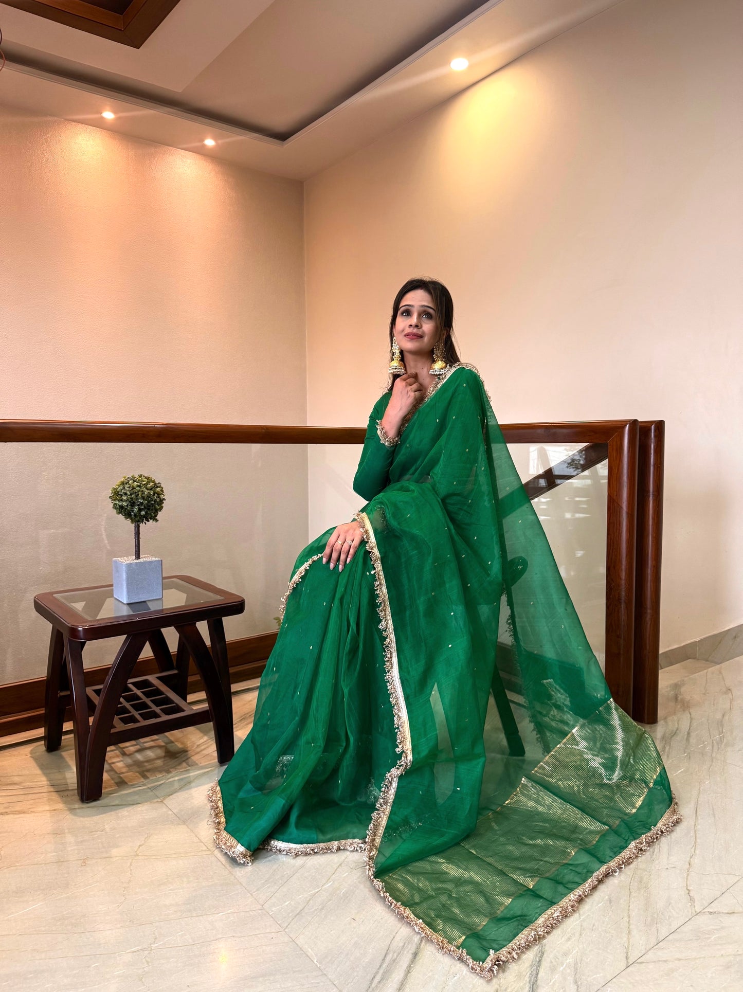 Emerald Green Chanderi silk saree with zari bootis all over