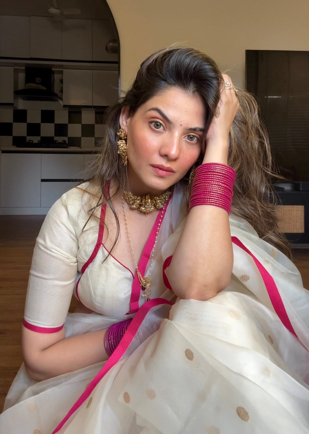 Off-White & Pink Chanderi Organza Silk Saree with Zari Bootis all over