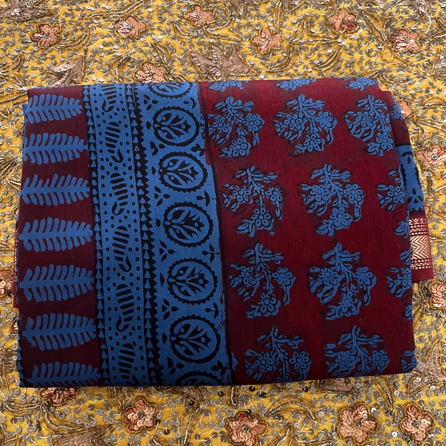 Maroon and blue bagh print Maheshwari saree