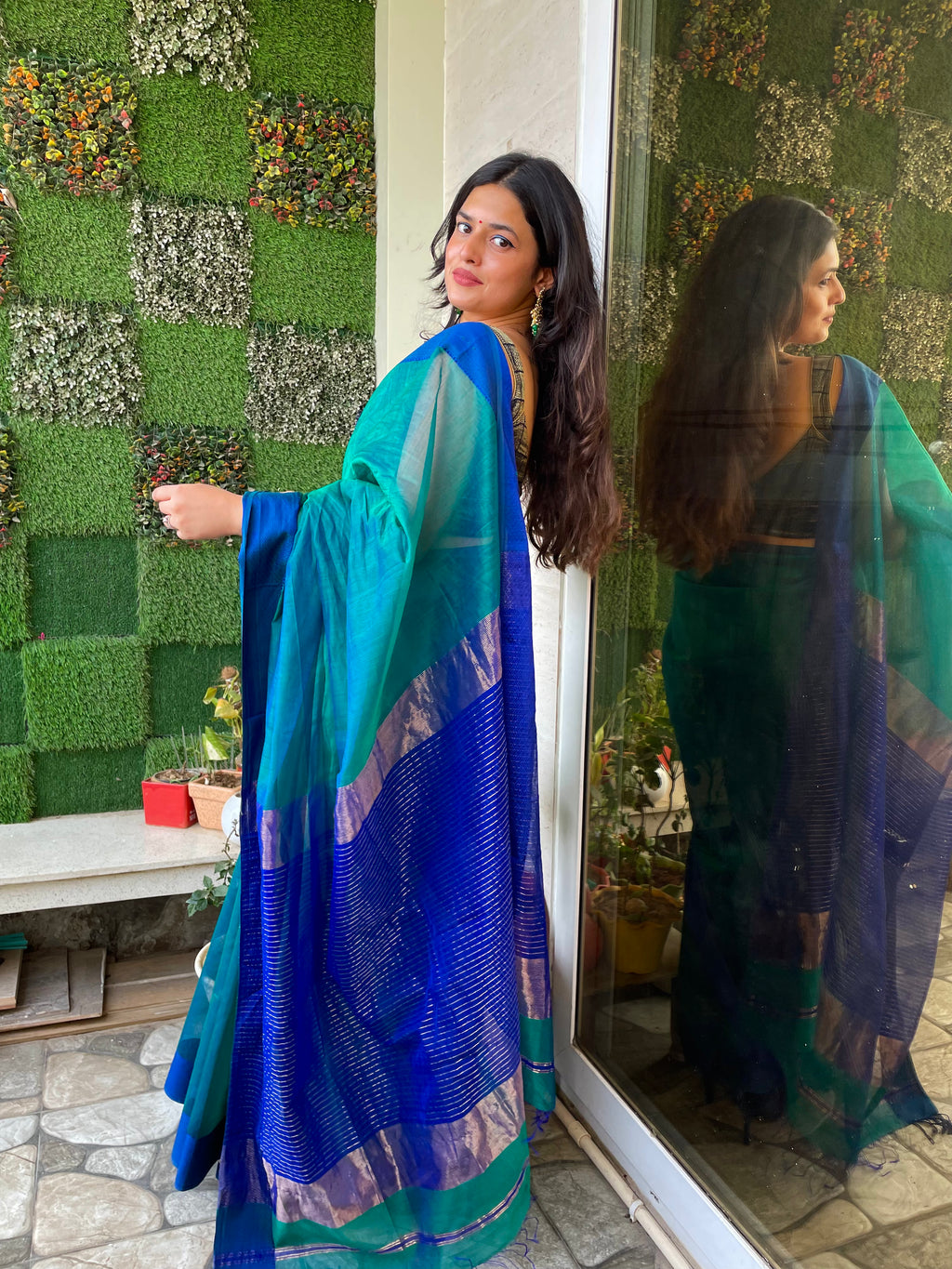 Peacock green and blue dual tone Maheshwari saree with resham border