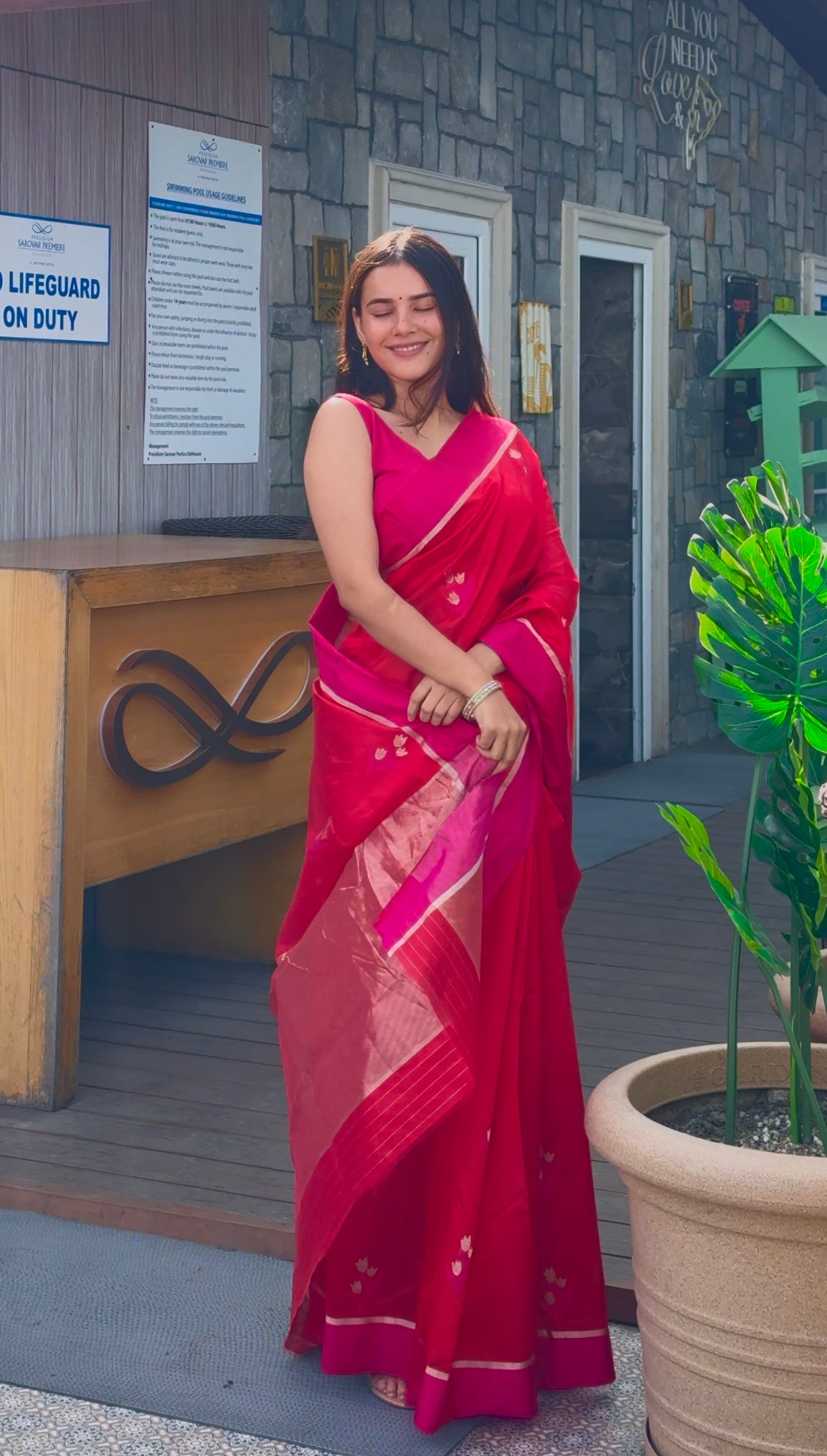 Red and pink chanderi saree with flower motifs all over