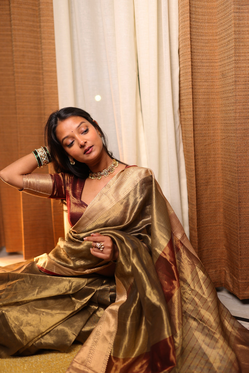 Ready to wear | Antique Gold & Red Maheshwari Tissue Silk Saree with Zari Pattern on Pallu