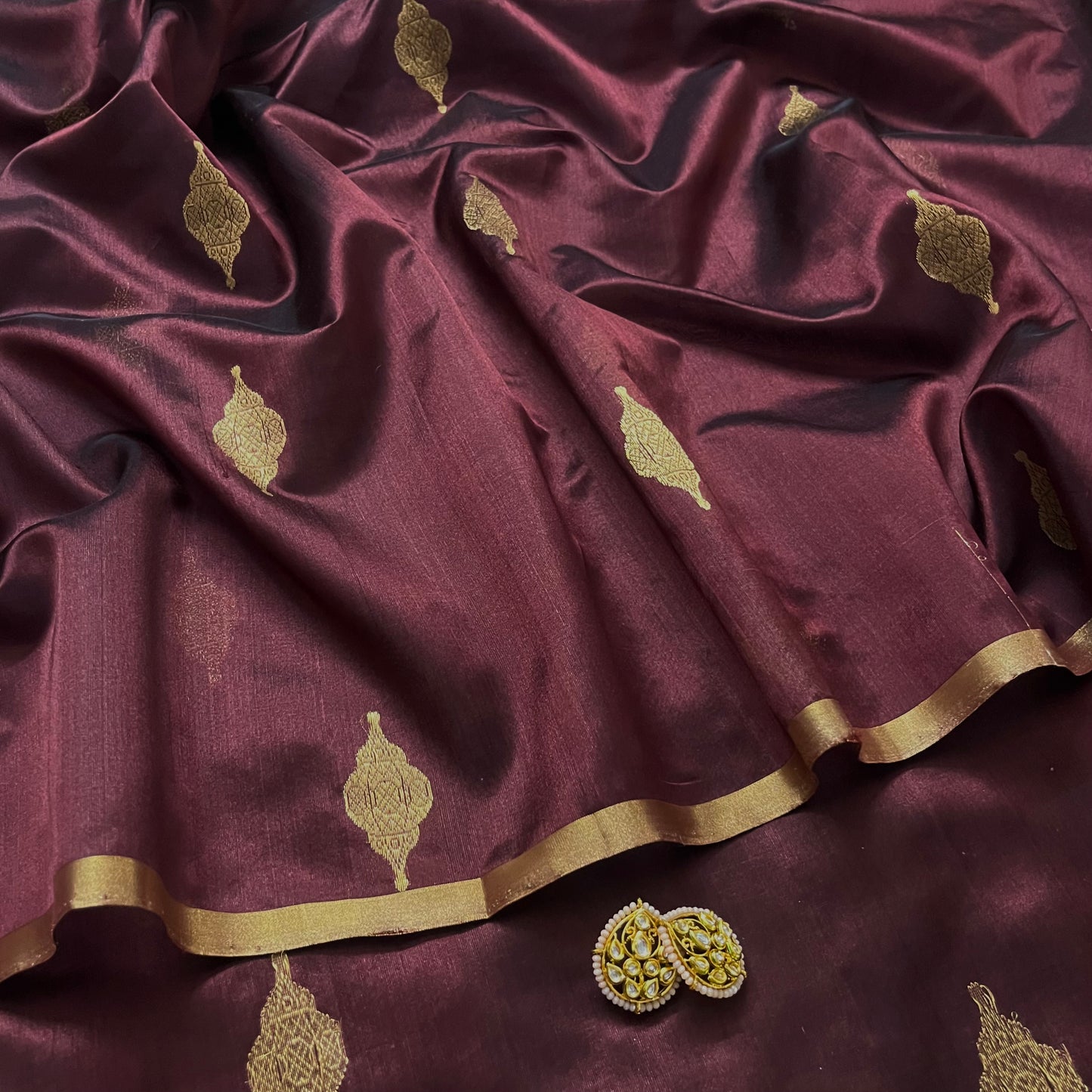 Mahogany chanderi silk saree with jhoomar motifs all over