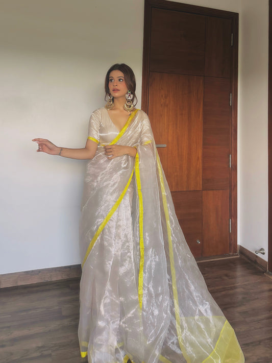 Silver white and lemon chanderi tissue silk saree