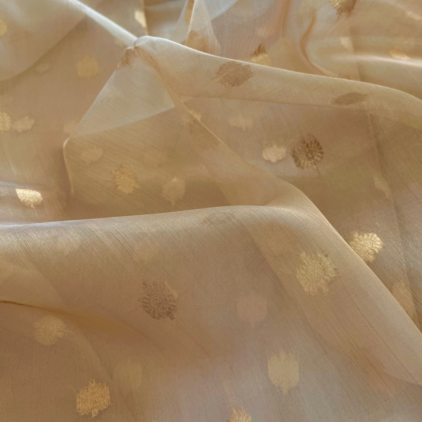 Gold Banarasi tissue silk saree with flower bootis all over