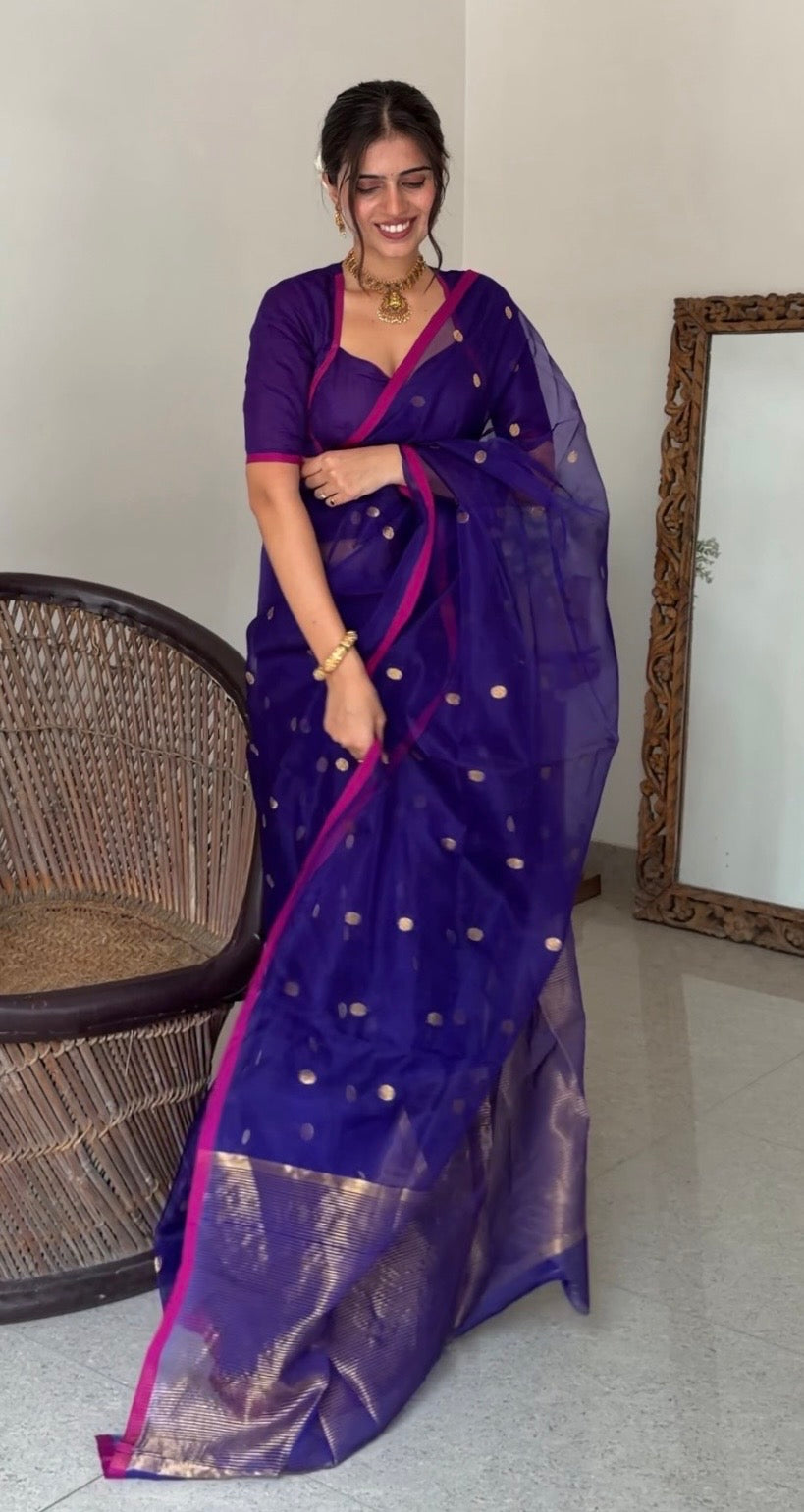 Ready to wear | Dark Purple & Pink Chanderi Organza Silk Saree with Zari Bootis all over