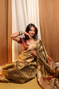 Ready to wear | Antique Gold & Red Maheshwari Tissue Silk Saree with Zari Pattern on Pallu