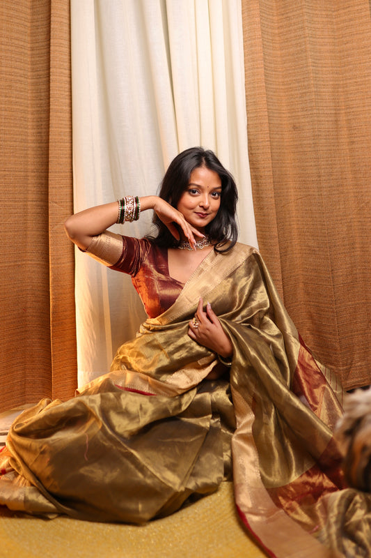 Antique Gold & Red Maheshwari Tissue Silk Saree with Zari Pattern on Pallu