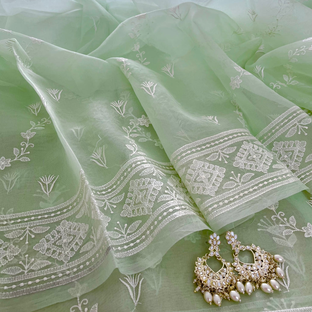 Sea Green Banarasi Organza Silk Saree with Threadwork all over