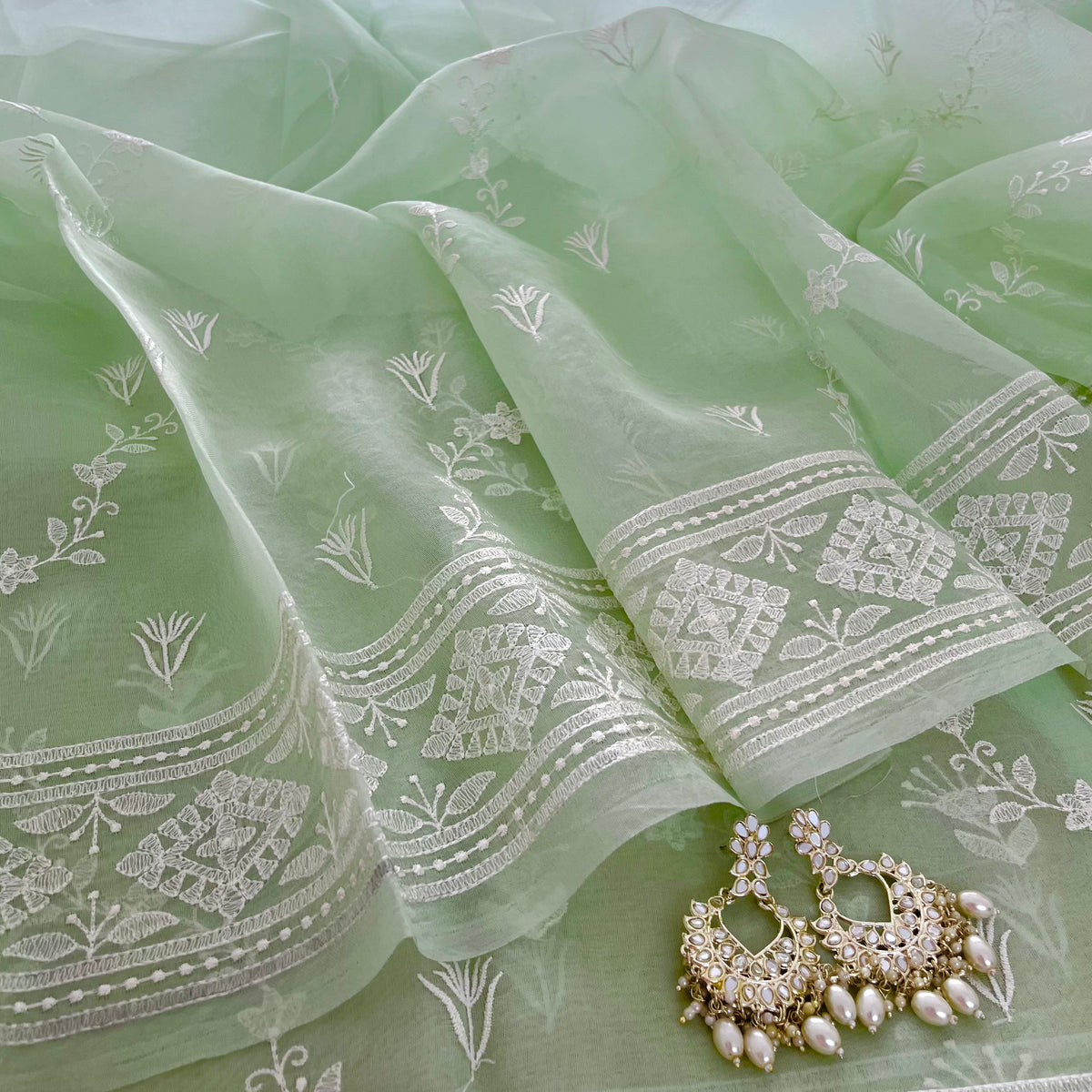 Sea Green Banarasi Organza Silk Saree with Threadwork all over