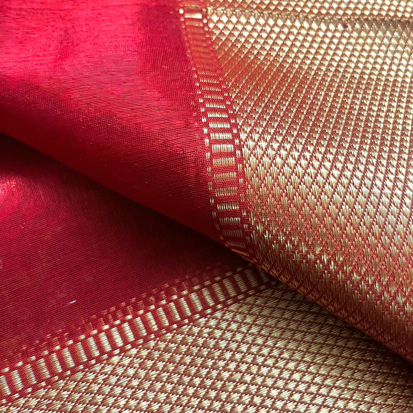 Red Maheshwari tissue silk saree with zari bootis all over
