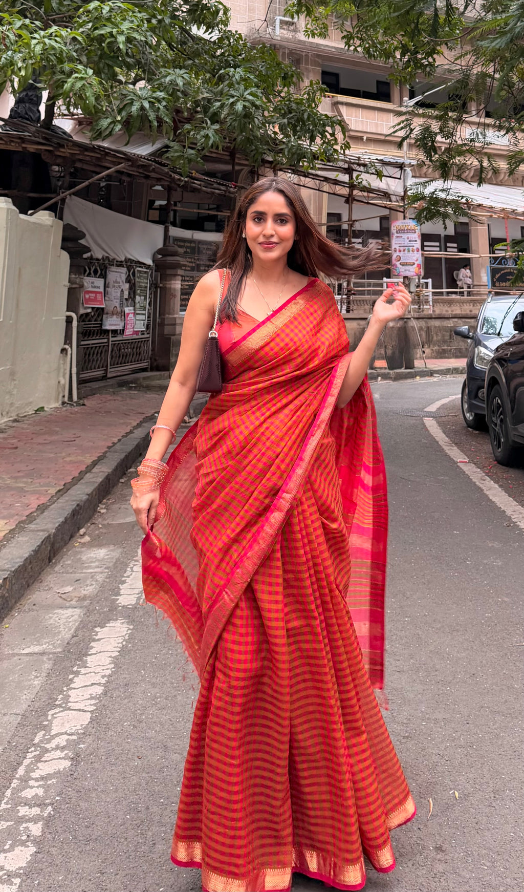 Pink and Olive Maheshwari checkered saree with zari border