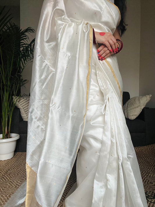 Off white chanderi silk saree with zari bootis all over
