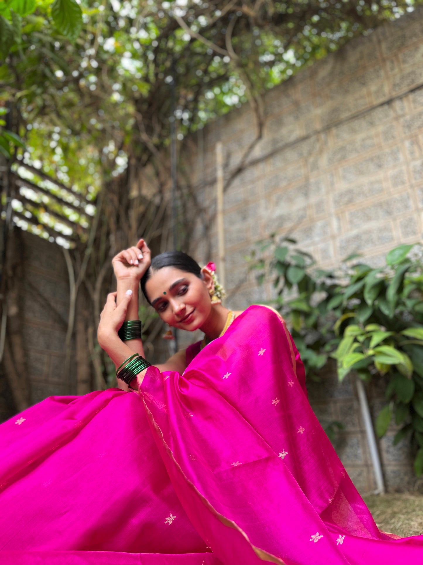 Rani pink chanderi silk saree with flower bootis all over