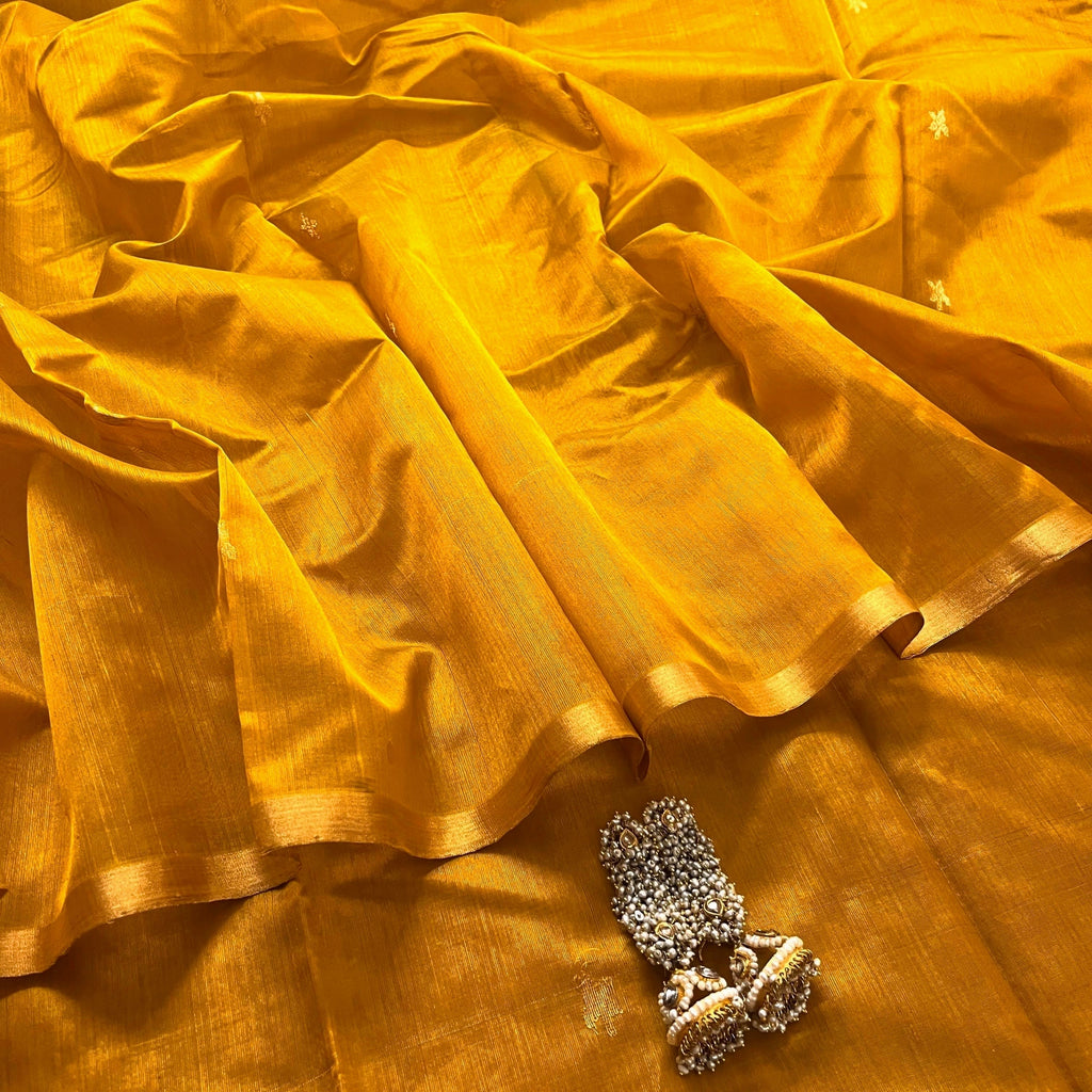 Ready to wear | Mustard Gold Chanderi Silk Saree with Flower Bootis all over