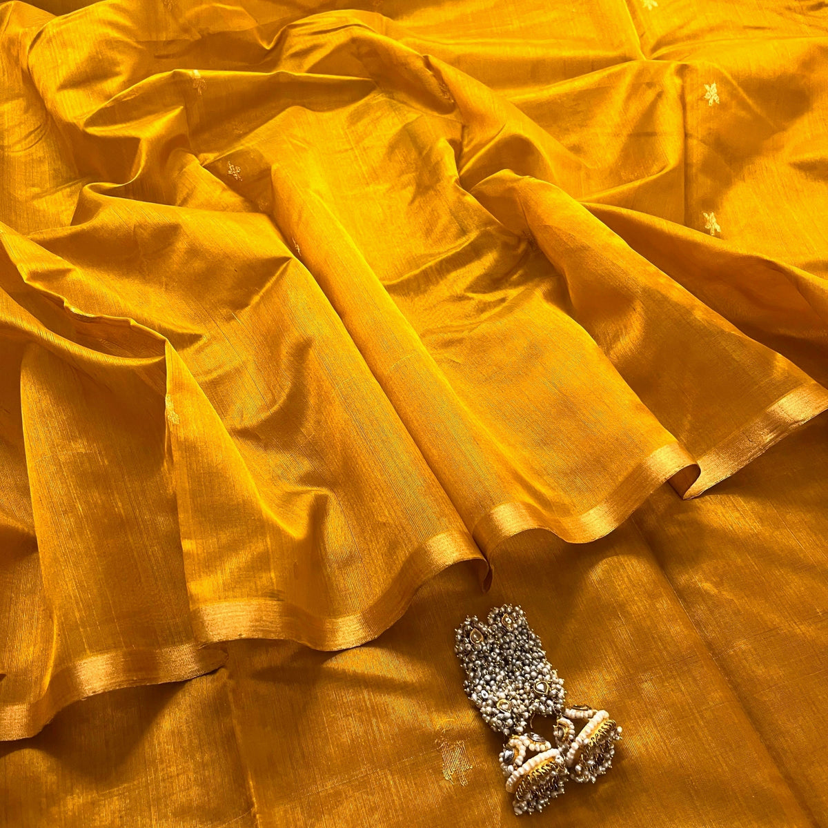 Ready to wear | Mustard Gold Chanderi Silk Saree with Flower Bootis all over