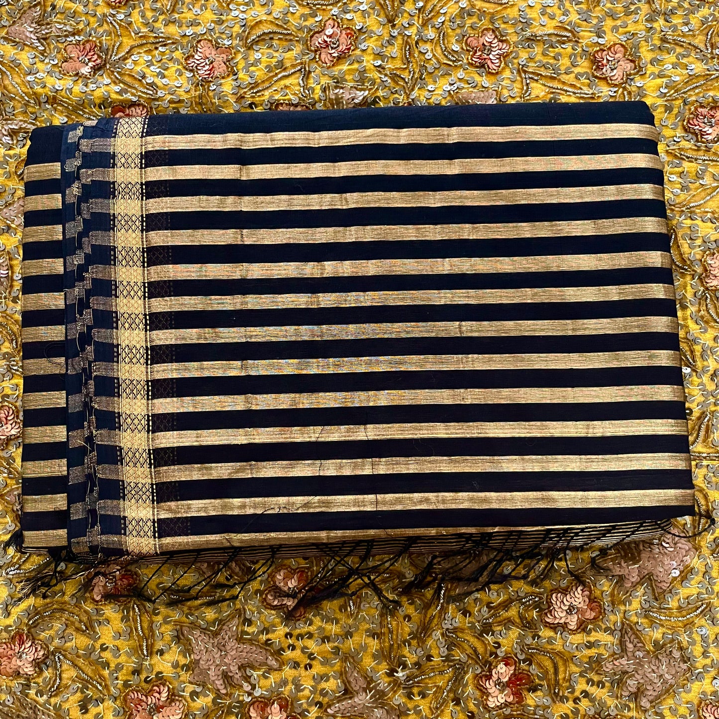 Black Maheshwari saree with zari stripes all over