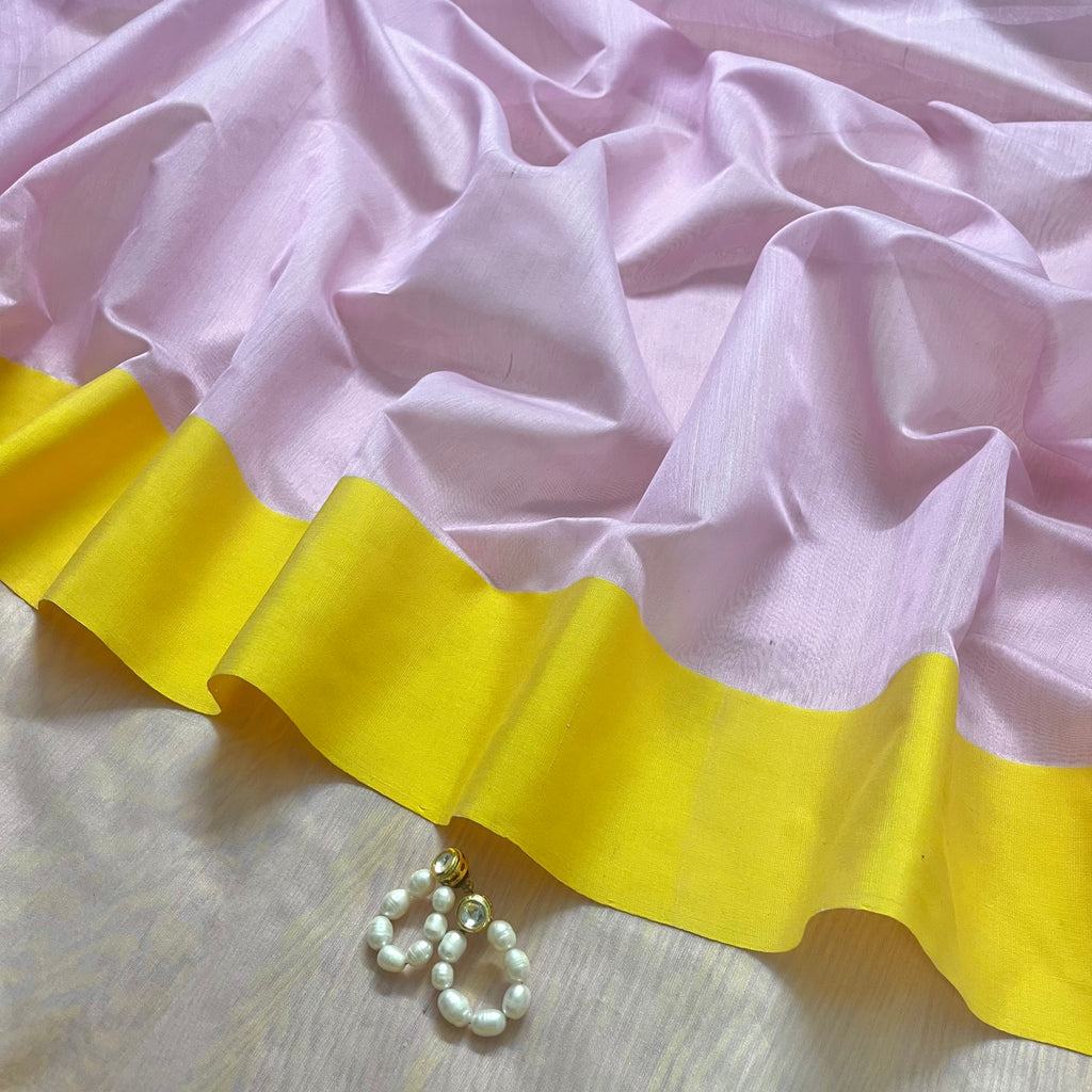 Pink and lemon Chanderi saree with zari lines on pallu