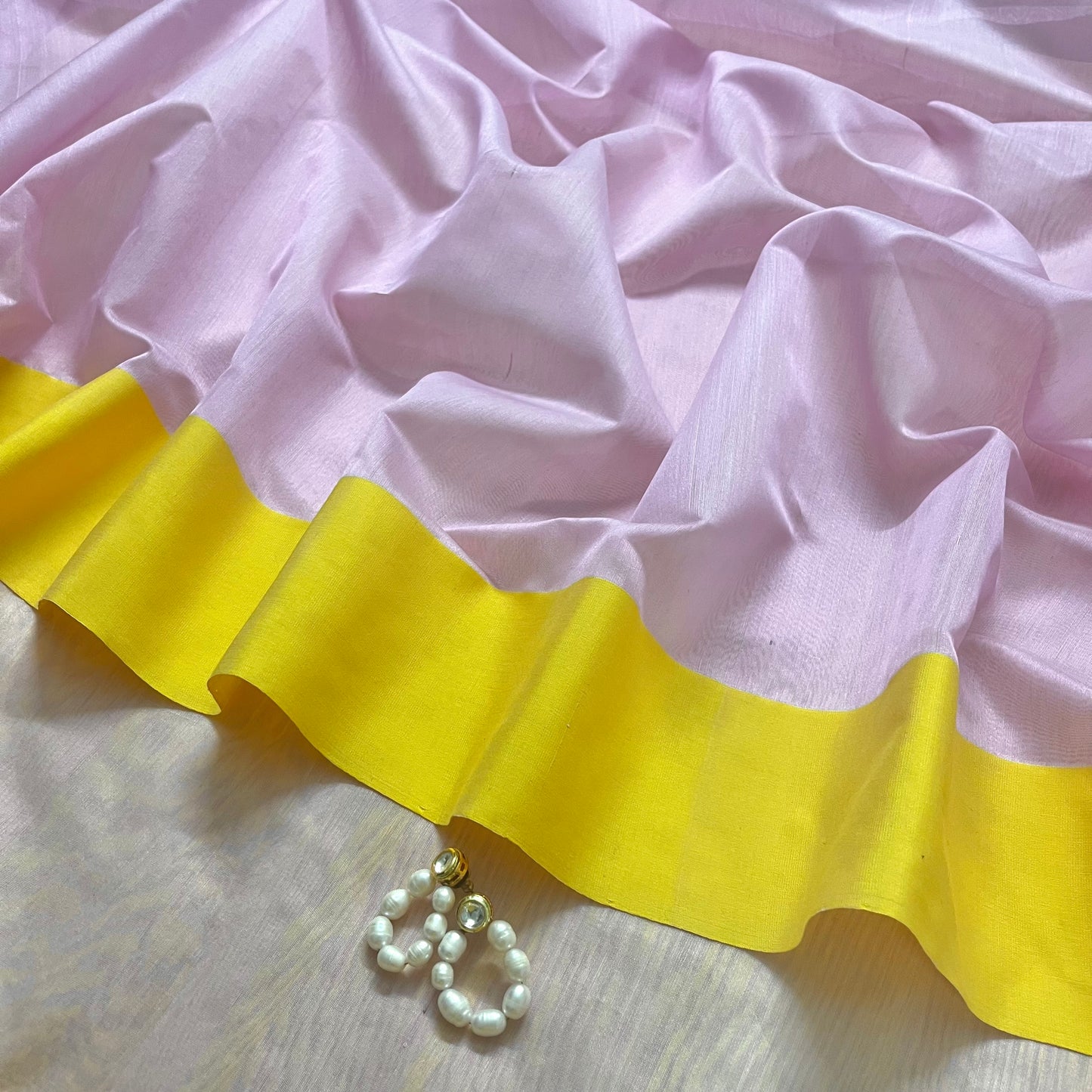 Pink and lemon Chanderi saree with zari lines on pallu