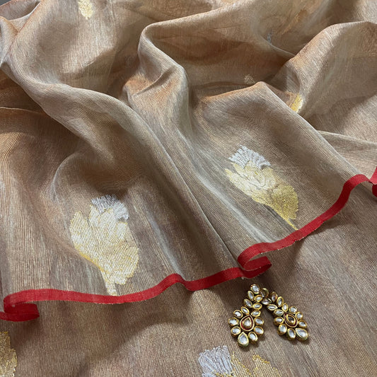 Beige and red linen saree with zari motifs all over