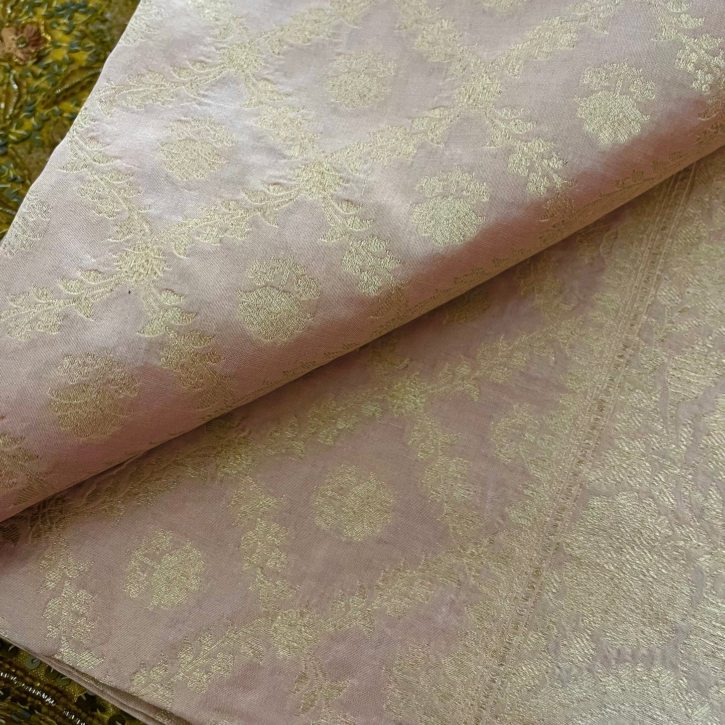 Sand and pink Banarasi katan silk saree with zari jaal work all over