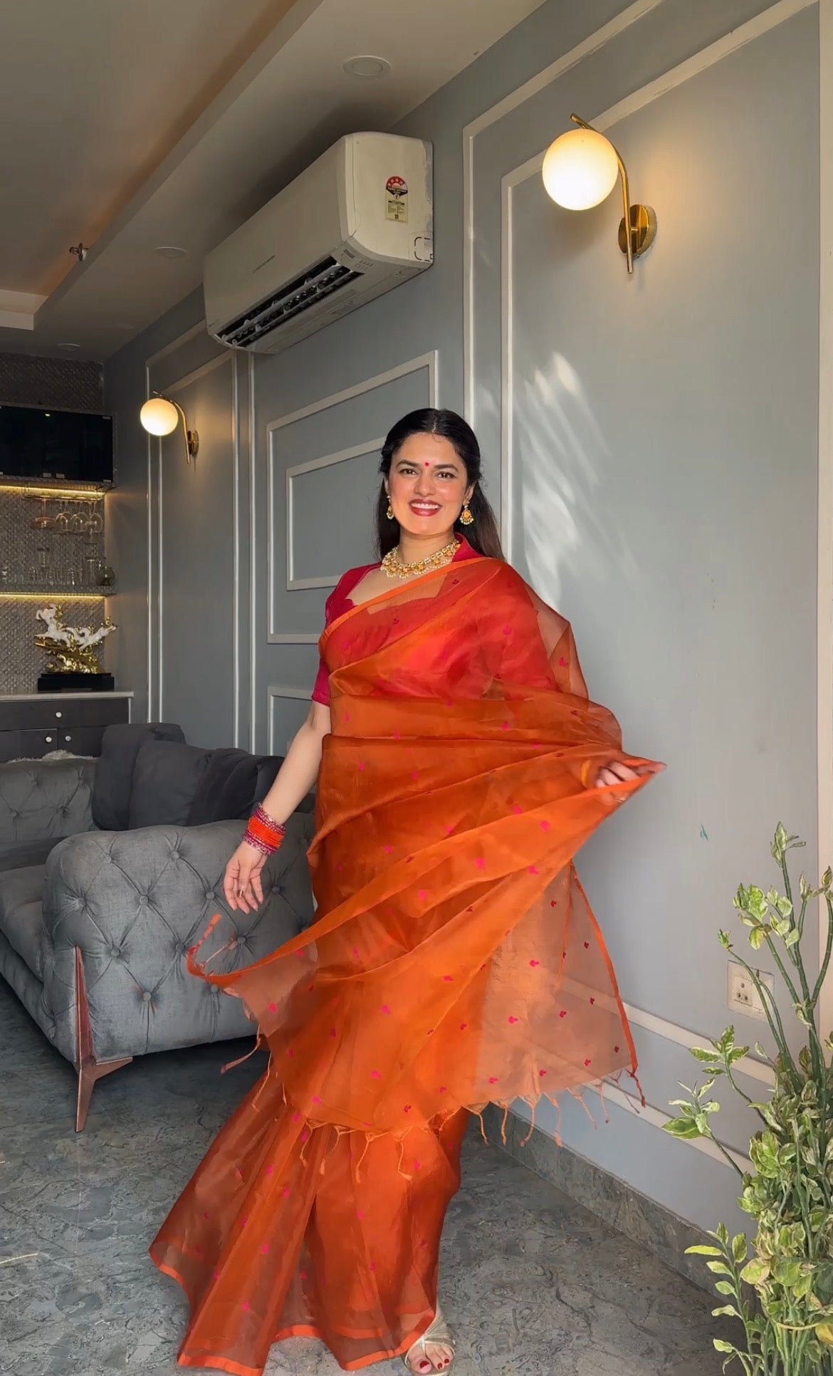 Burnt orange and pink Chanderi silk saree with resham bootis all over