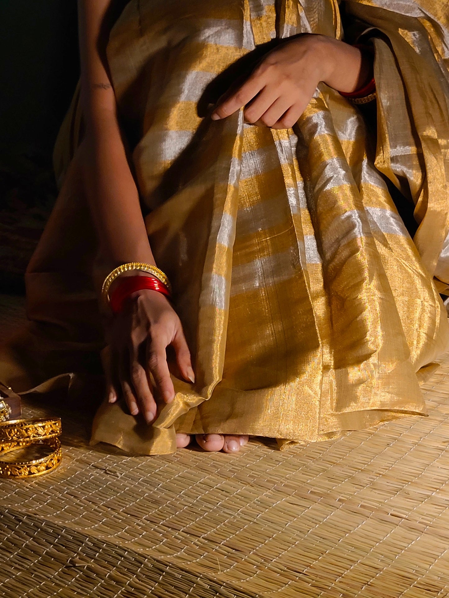 Gold and silver striped chanderi tissue silk saree