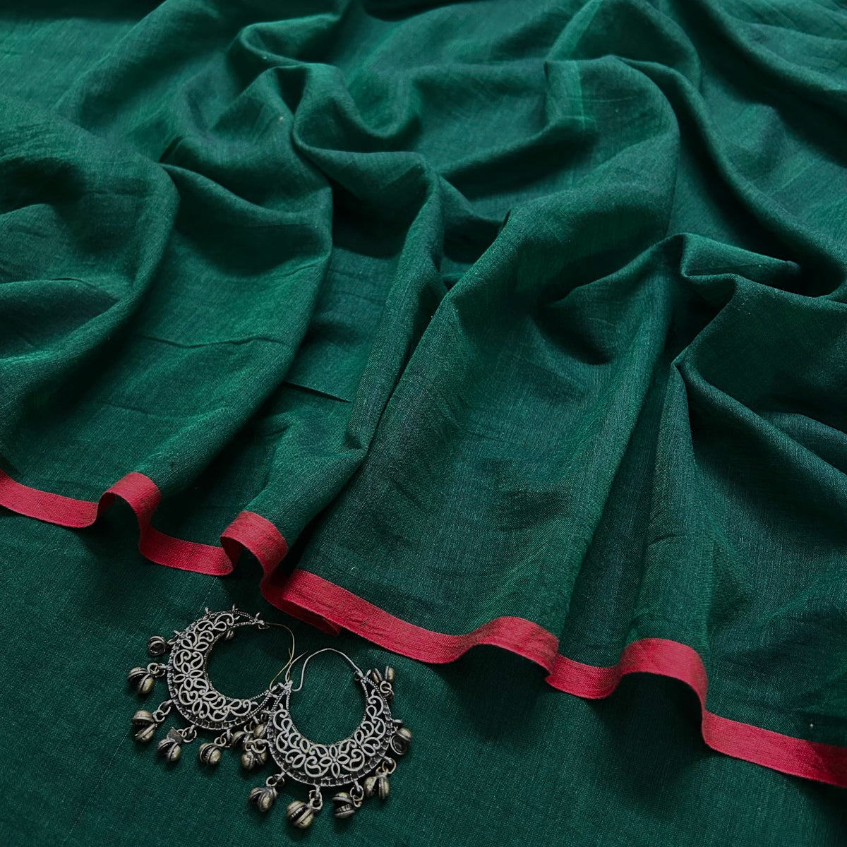 Dark green and red mulmul saree