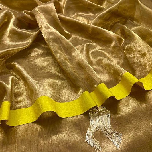 Gold and lemon Chanderi tissue silk with zari lines on pallu