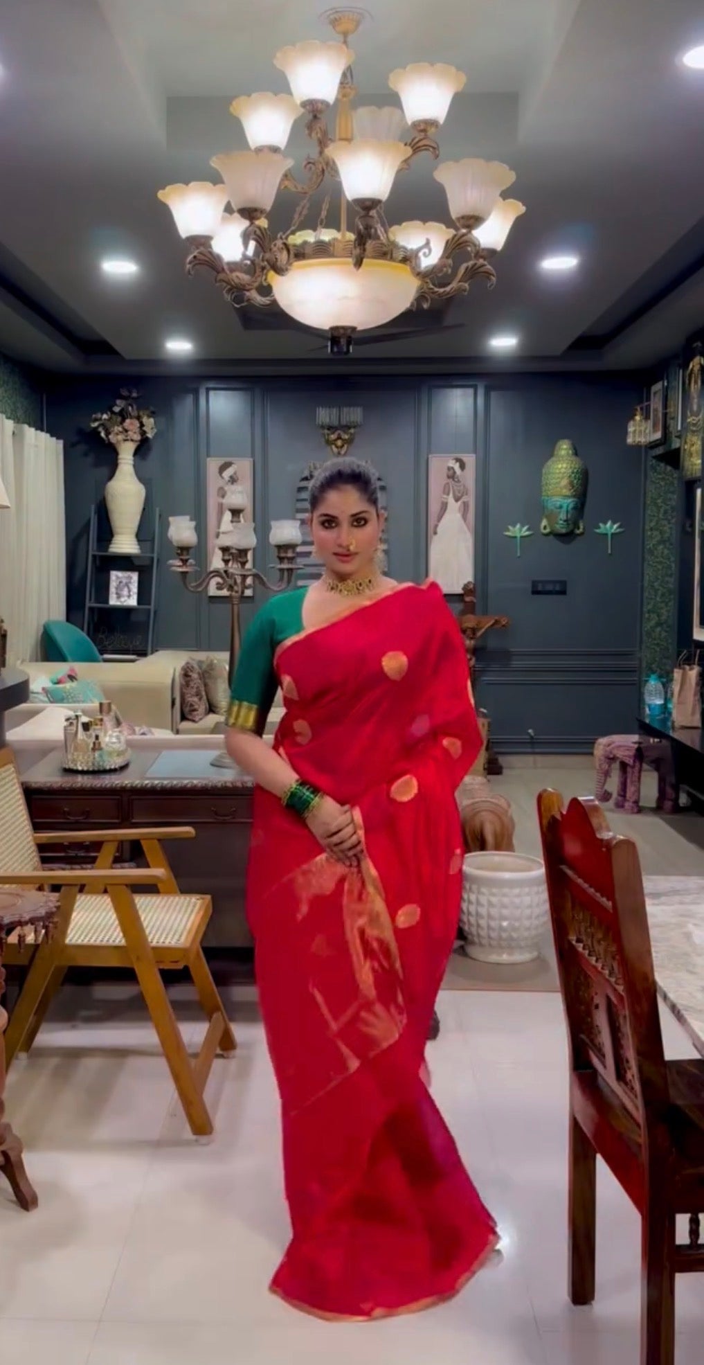 Red Chanderi Silk Saree with Mor Motifs all over