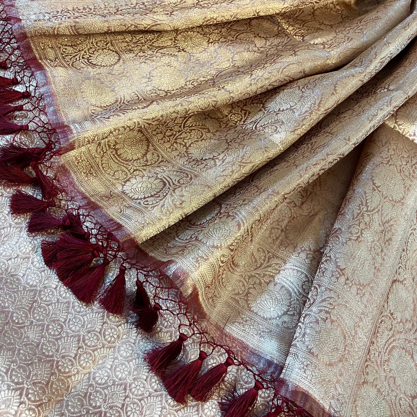 Champagne & Red Banarasi Brocade silk saree with zari pattern all over