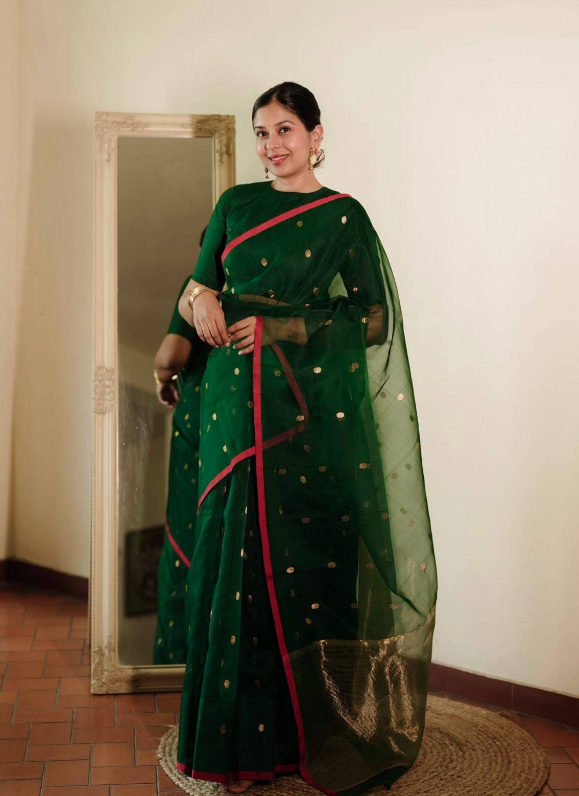 Green & red Chanderi silk saree with zari bootis all over