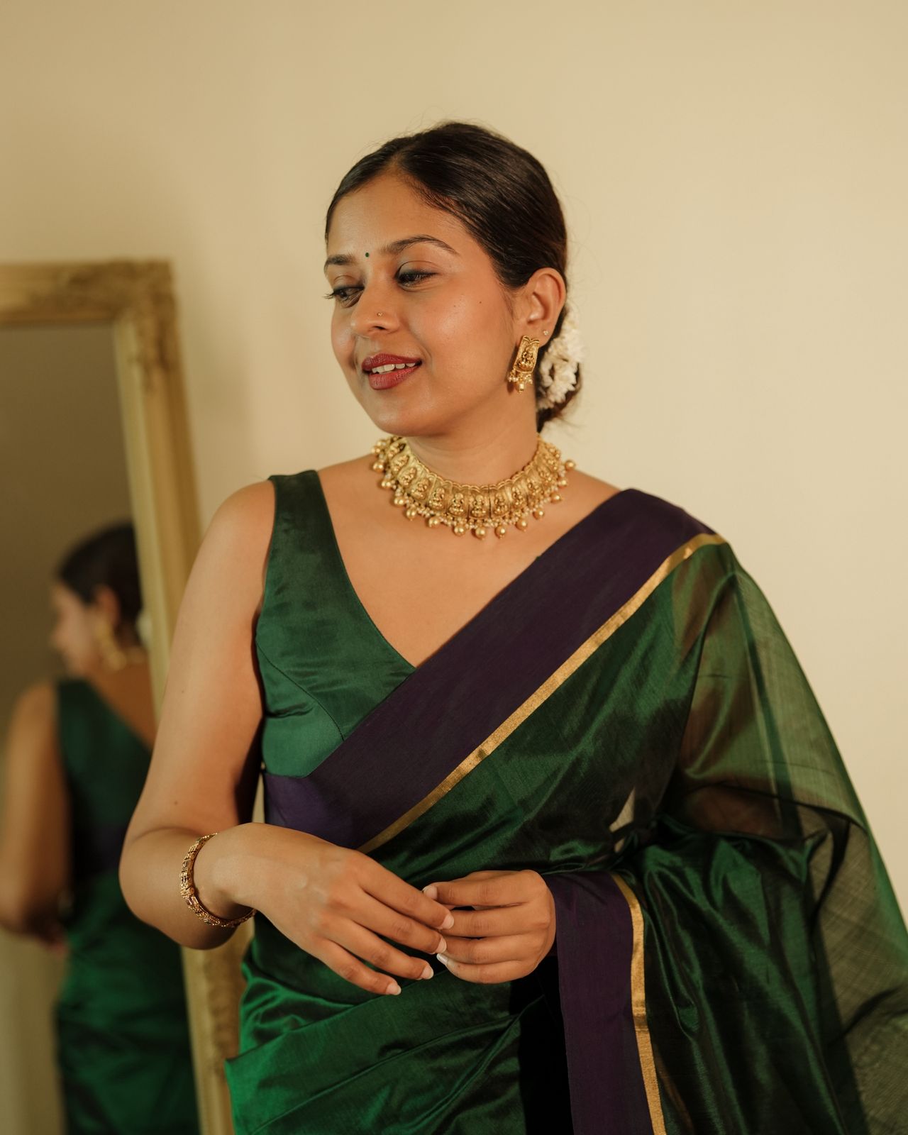 Dark green and blue Chanderi silk saree with silk border
