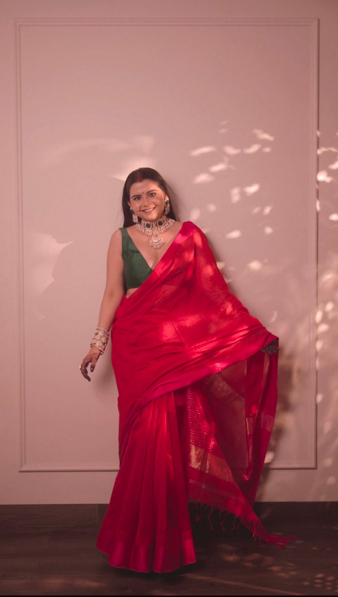 Red and pink maheshwari saree with resham border