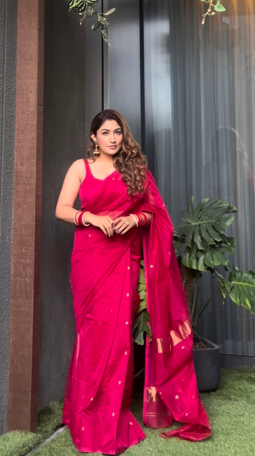 Pink maheshwari saree with zari bootis all over
