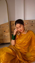 Ready to wear | Mustard Gold Chanderi Silk Saree with Flower Bootis all over