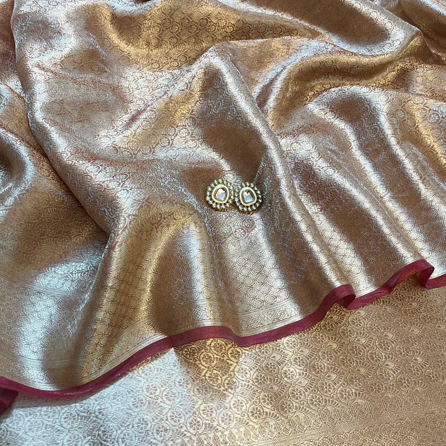 Champagne & Red Banarasi Brocade silk saree with zari pattern all over