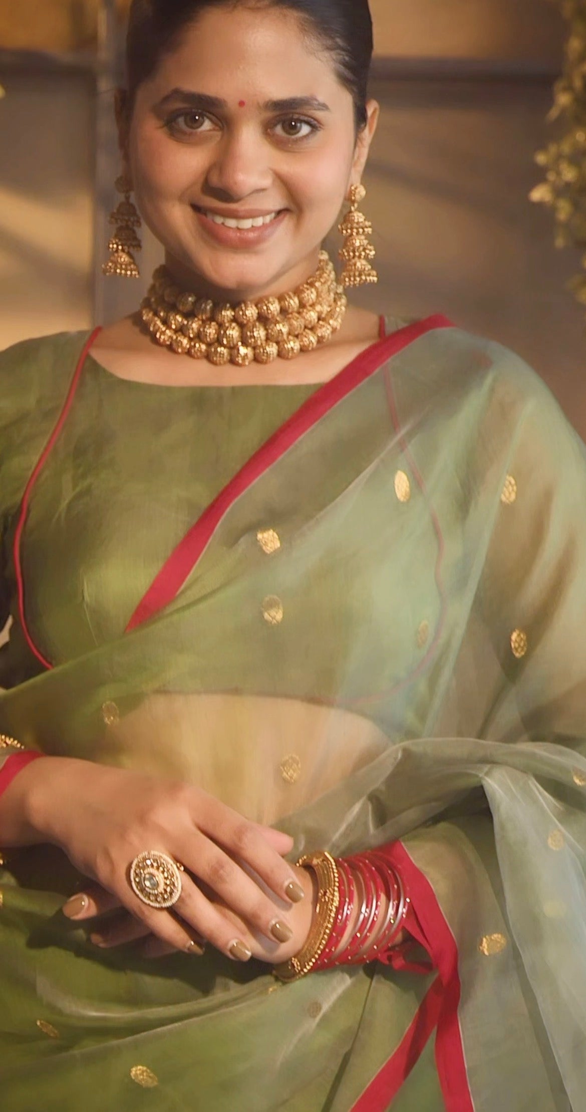 Olive gold & red Chanderi silk saree with zari bootis all over