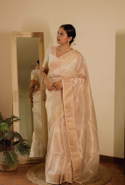 Off white gold Maheshwari saree with zari lines all over