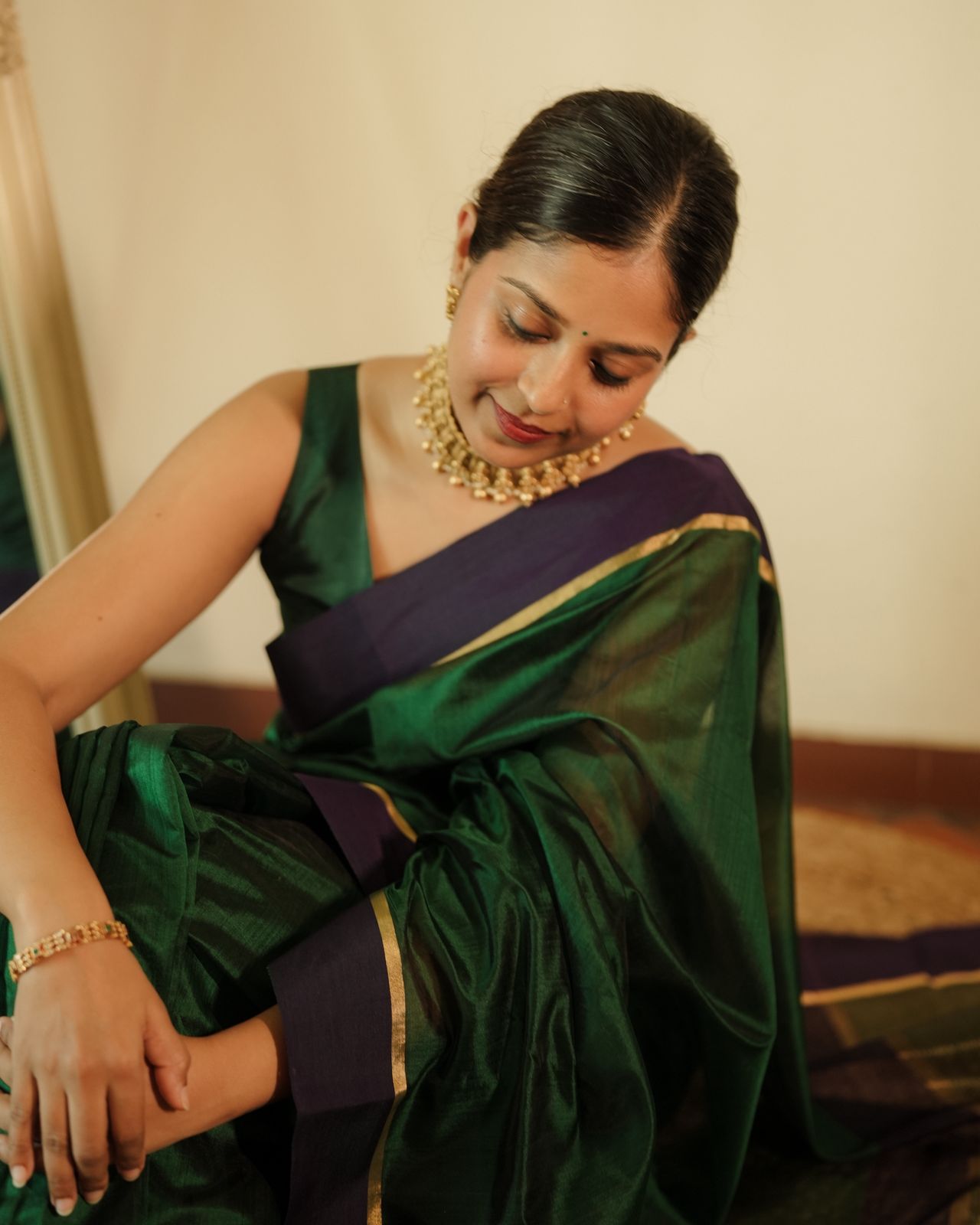 Dark green and blue Chanderi silk saree with silk border