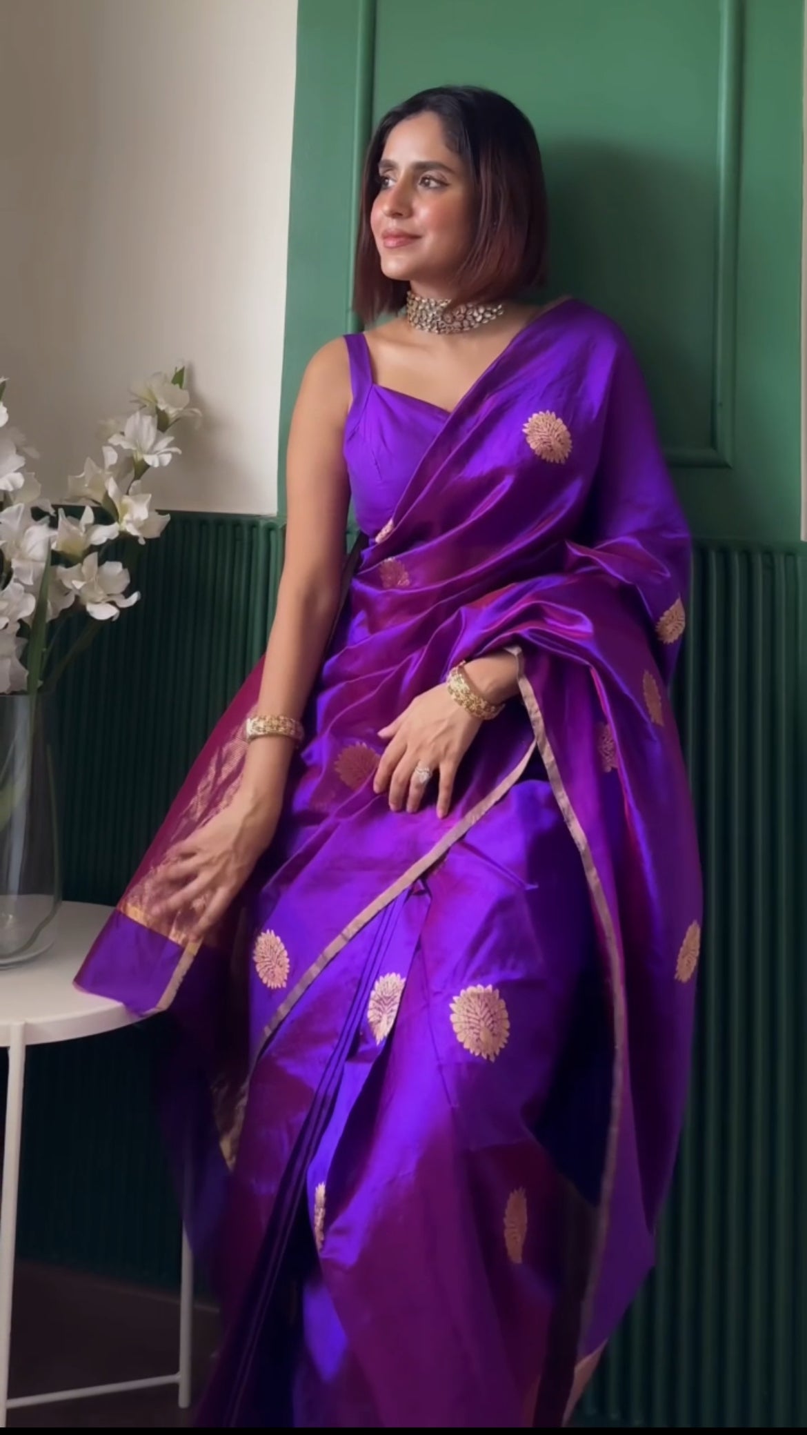 Violet dual tone chanderi silk saree with mor-motifs all over