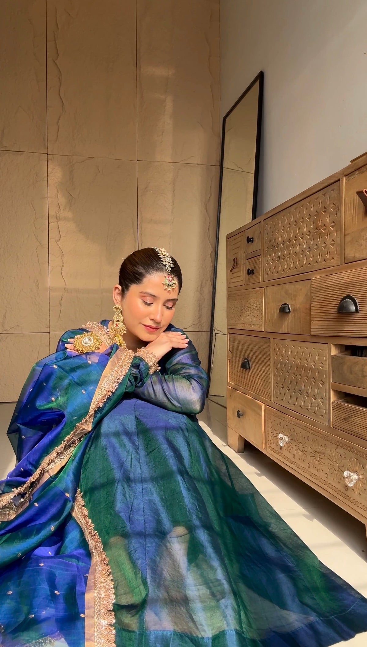 Peacock Green & Blue Dual Tone Chanderi Organza Silk Anarkali Suit