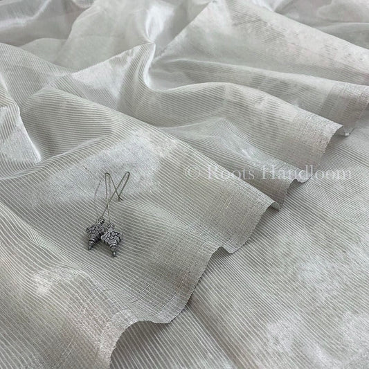 Silver grey Maheshwari saree with zari lines all over