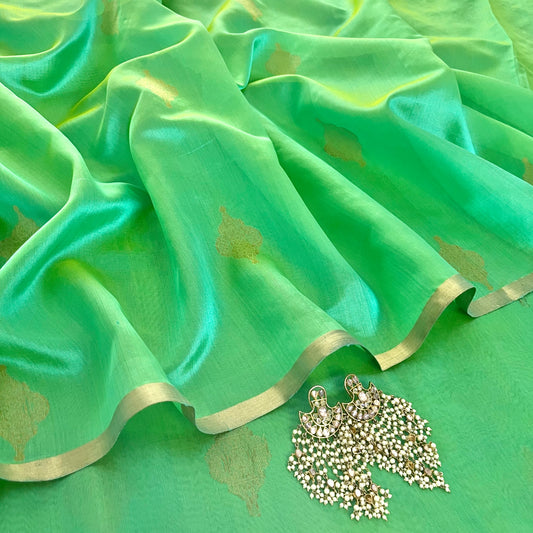 Sea green dual tone Chanderi silk saree with jhoomar motifs all over